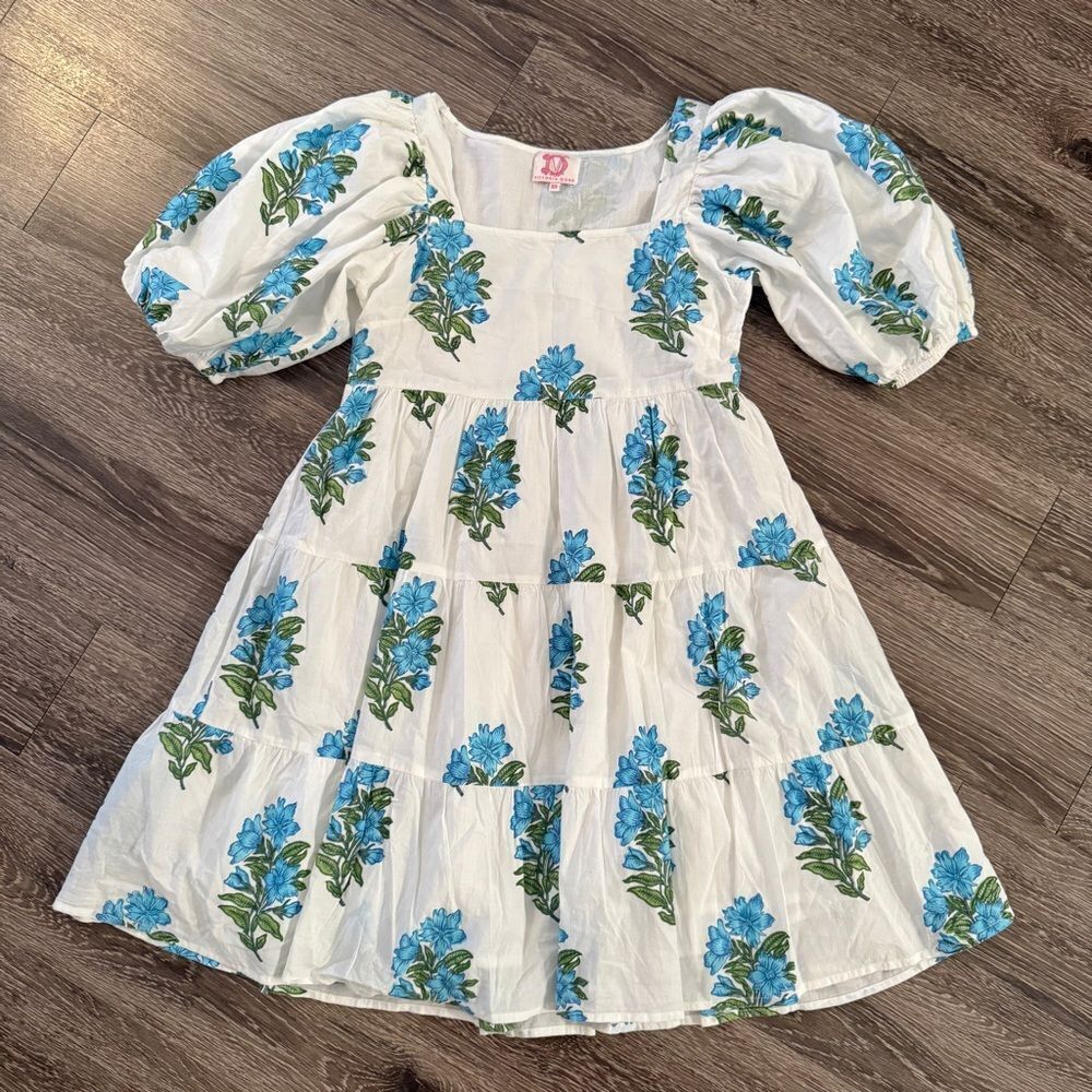 Victoria Dunn White Blue Floral Cotton Dress